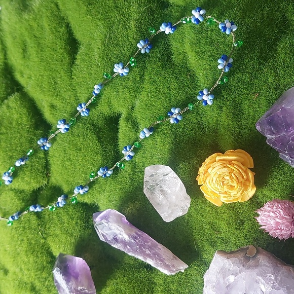 Hand Crafted Dainty Floral Necklace, Blues, 18 Inch, By Rust Belt Raised - Picture 3 of 12